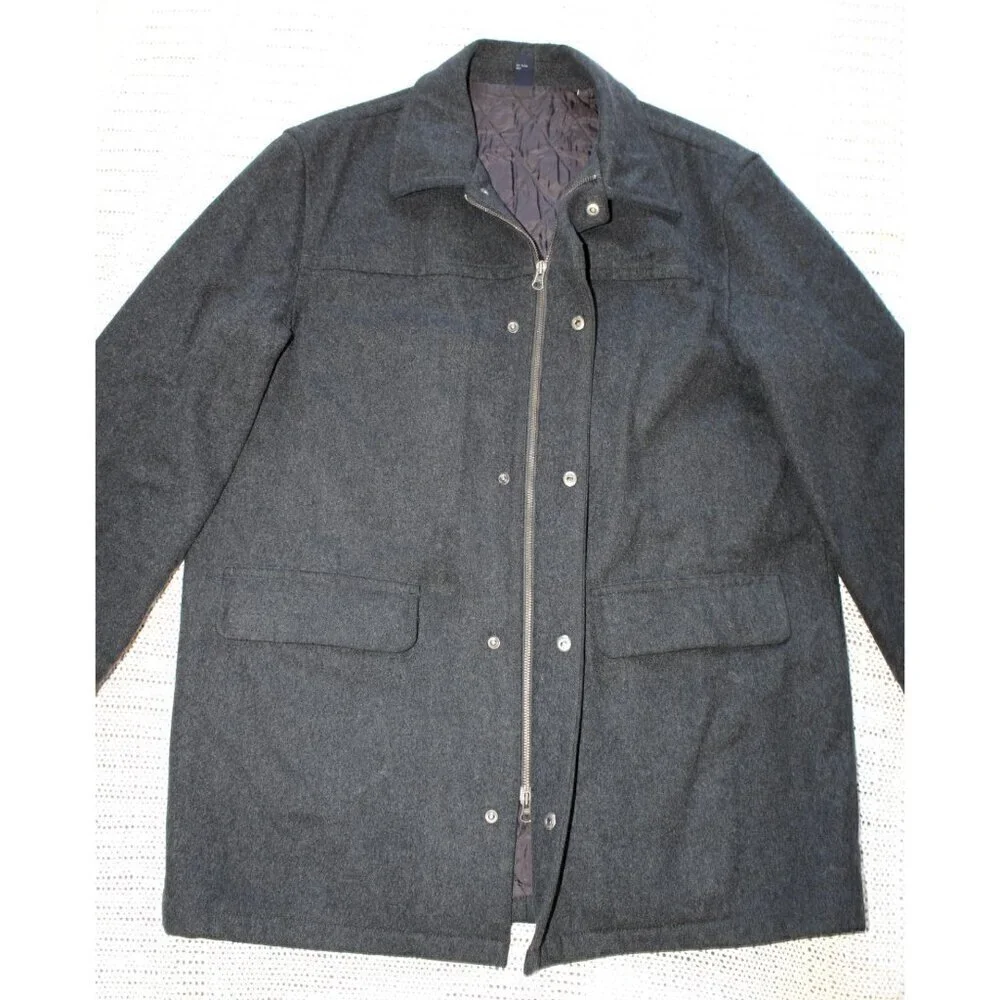 J. Crew Wool Blend Men Black Jacket Size Large Zip up front Pea Coat Pockets